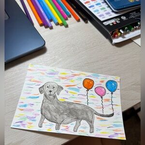 Colorful Dog and Balloons Drawing Birthday Card